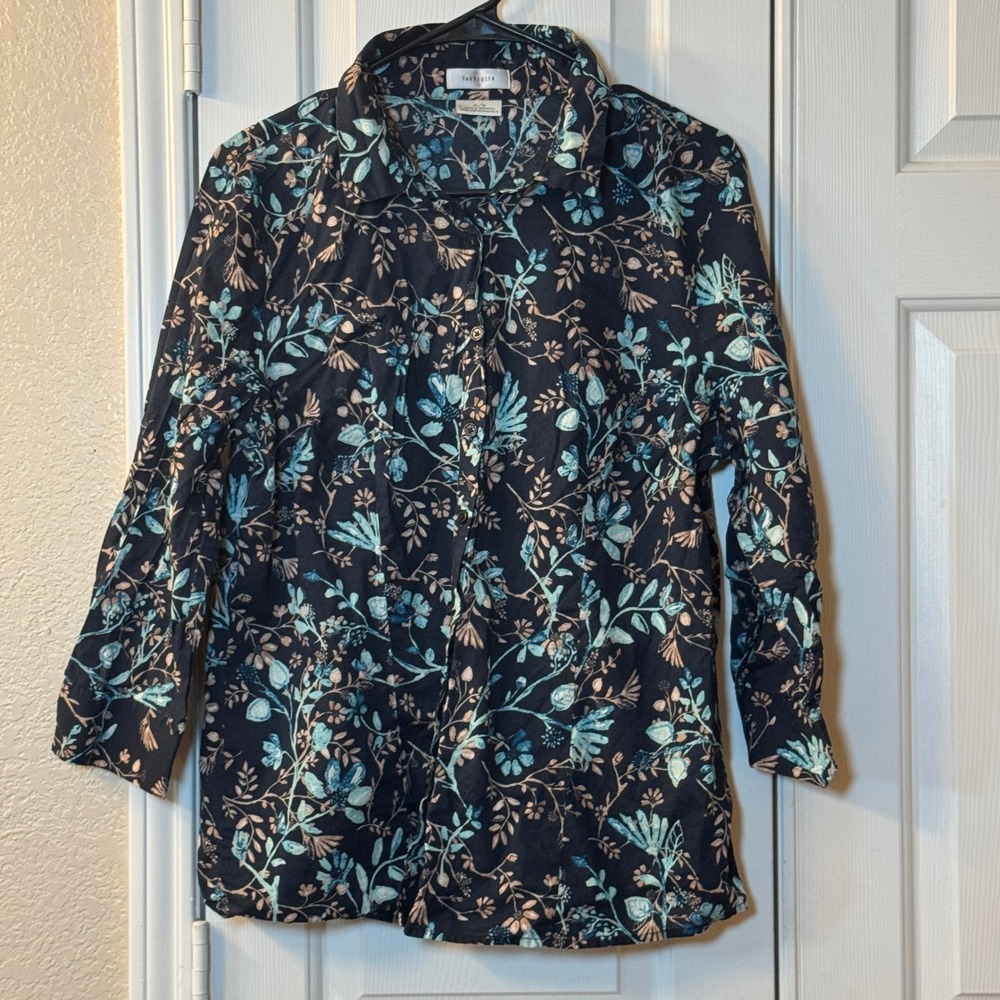 Van Heusen Blue and Tan Floral Button Up Long Sleeve Collared Blouse Women's XL